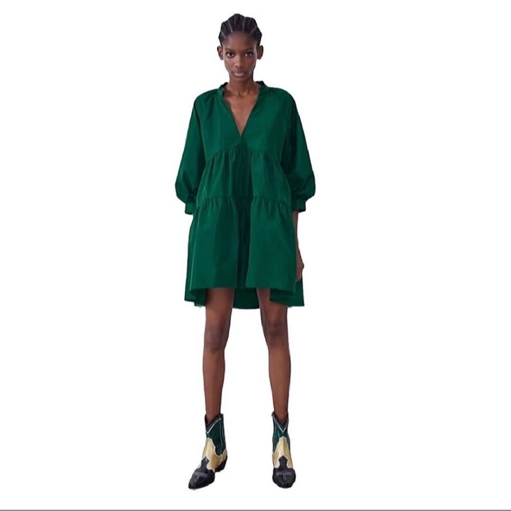 Zara Voluminous Taffeta Green Tiered Min Dress Bloggers Favorite Balloon Sleeve